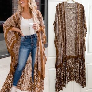 Paisley Boho Maxi Kimono - Brown, Tan & White